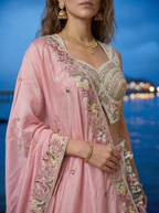 Grey & Pink Chiffon Lahenga with Sequince Embroidery