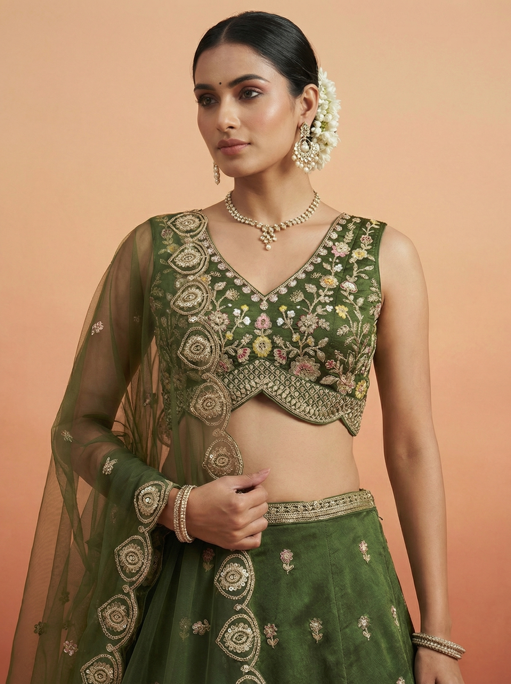 Olive Green Chinnon Silk Lahenga with Moti Sequince Embroidery