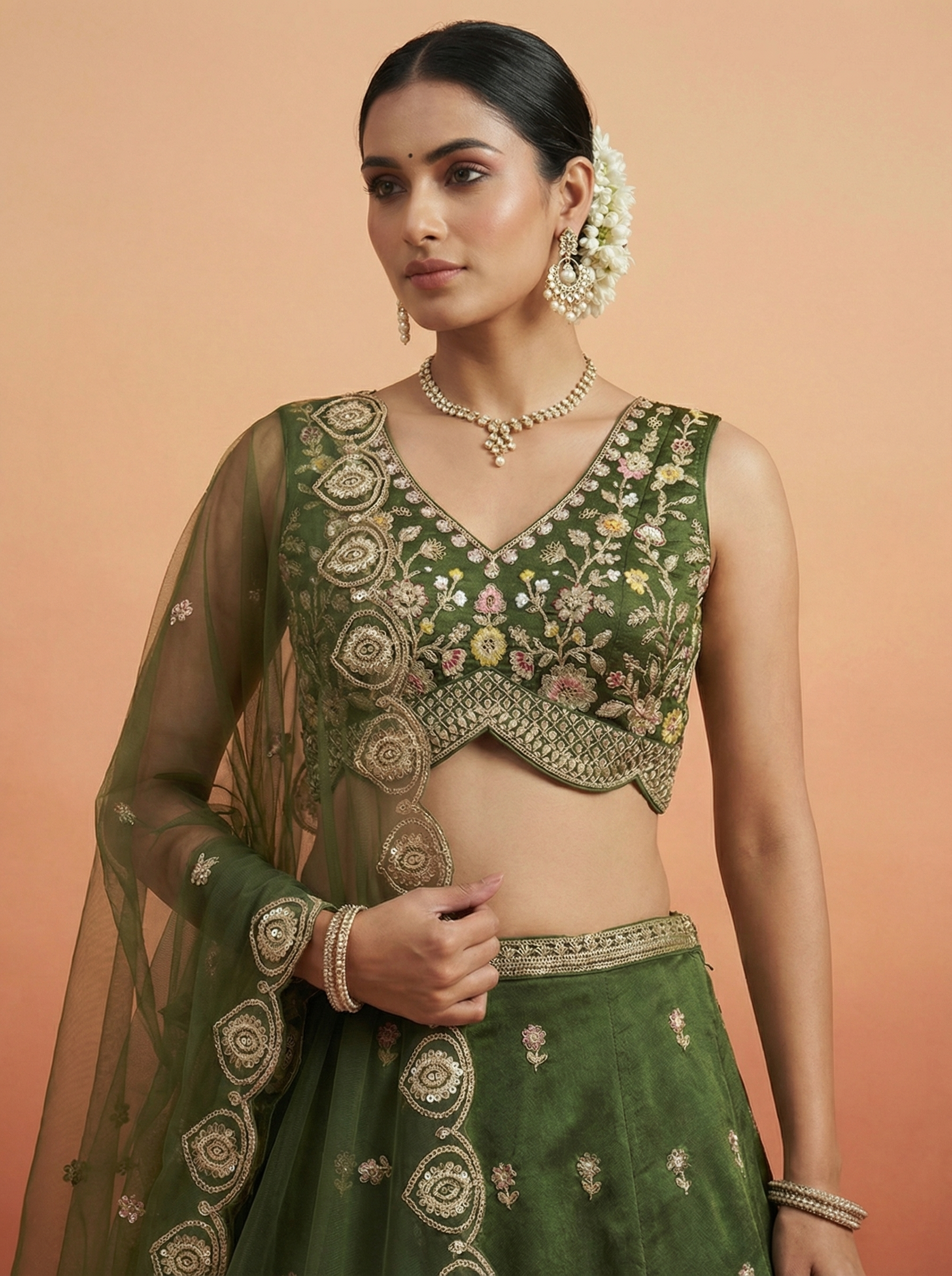 Olive Green Chinnon Silk Lahenga with Moti Sequince Embroidery