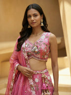 Pink Tissue Lahenga with Woolen Embroidery
