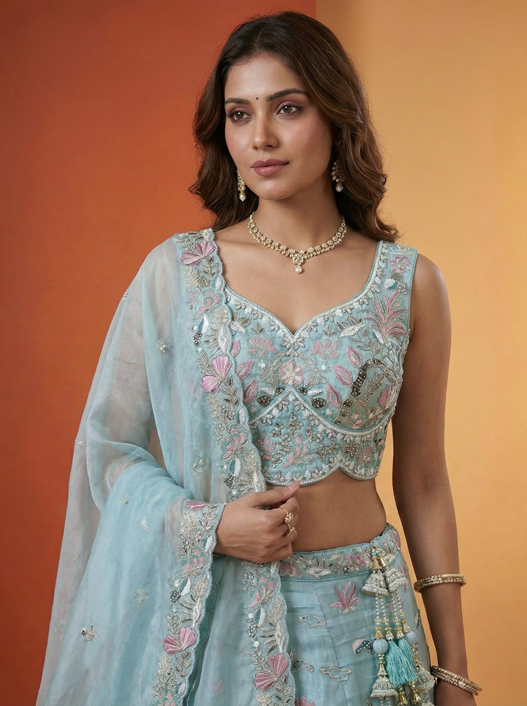 Light Blue Organza Lahenga with Swarovski Stone & Embroidery