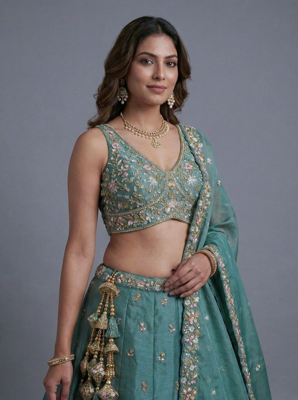 Sea Green Tissue Lahenga with Sequince Embroidery