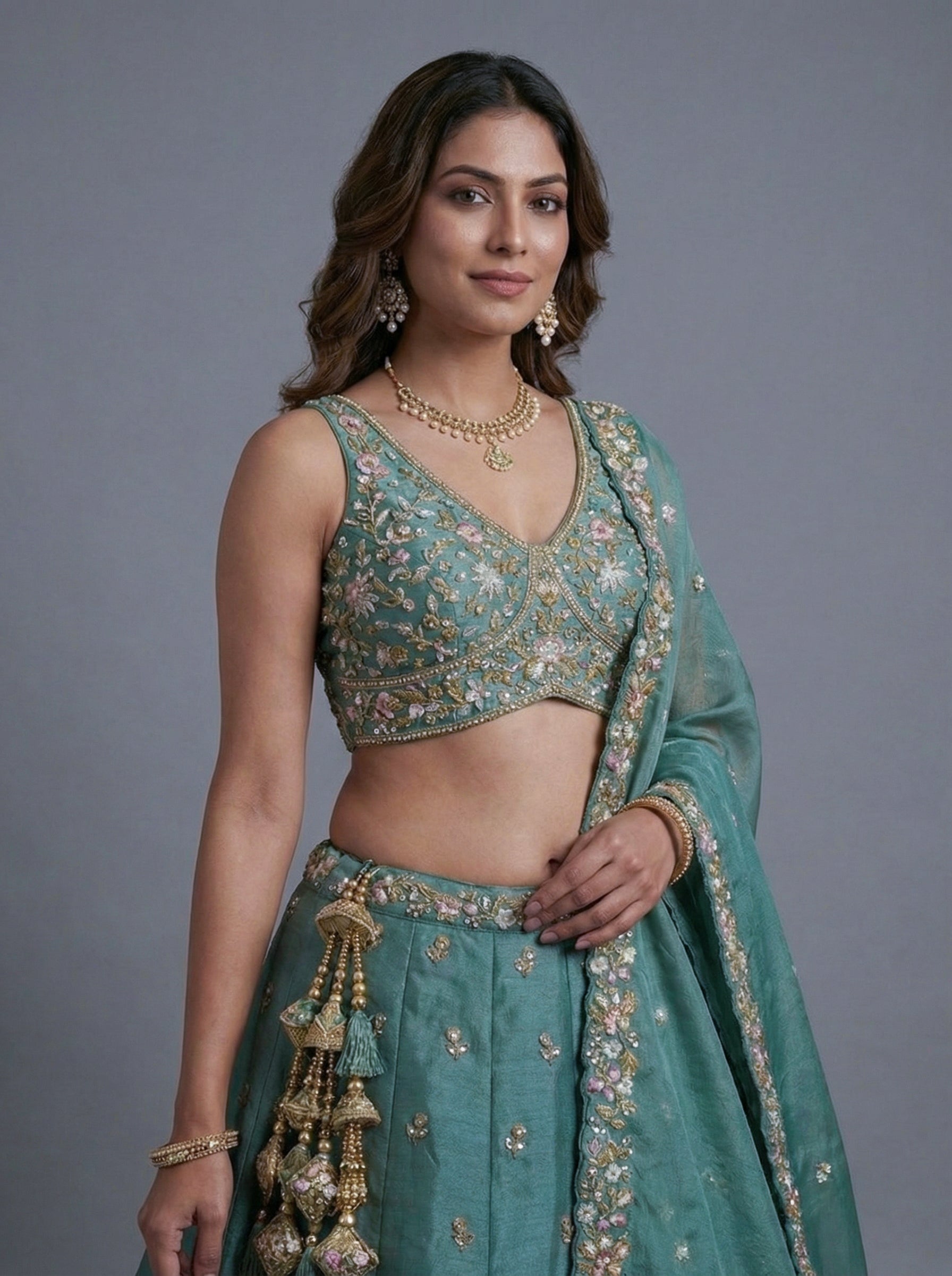 Sea Green Tissue Lahenga with Sequince Embroidery