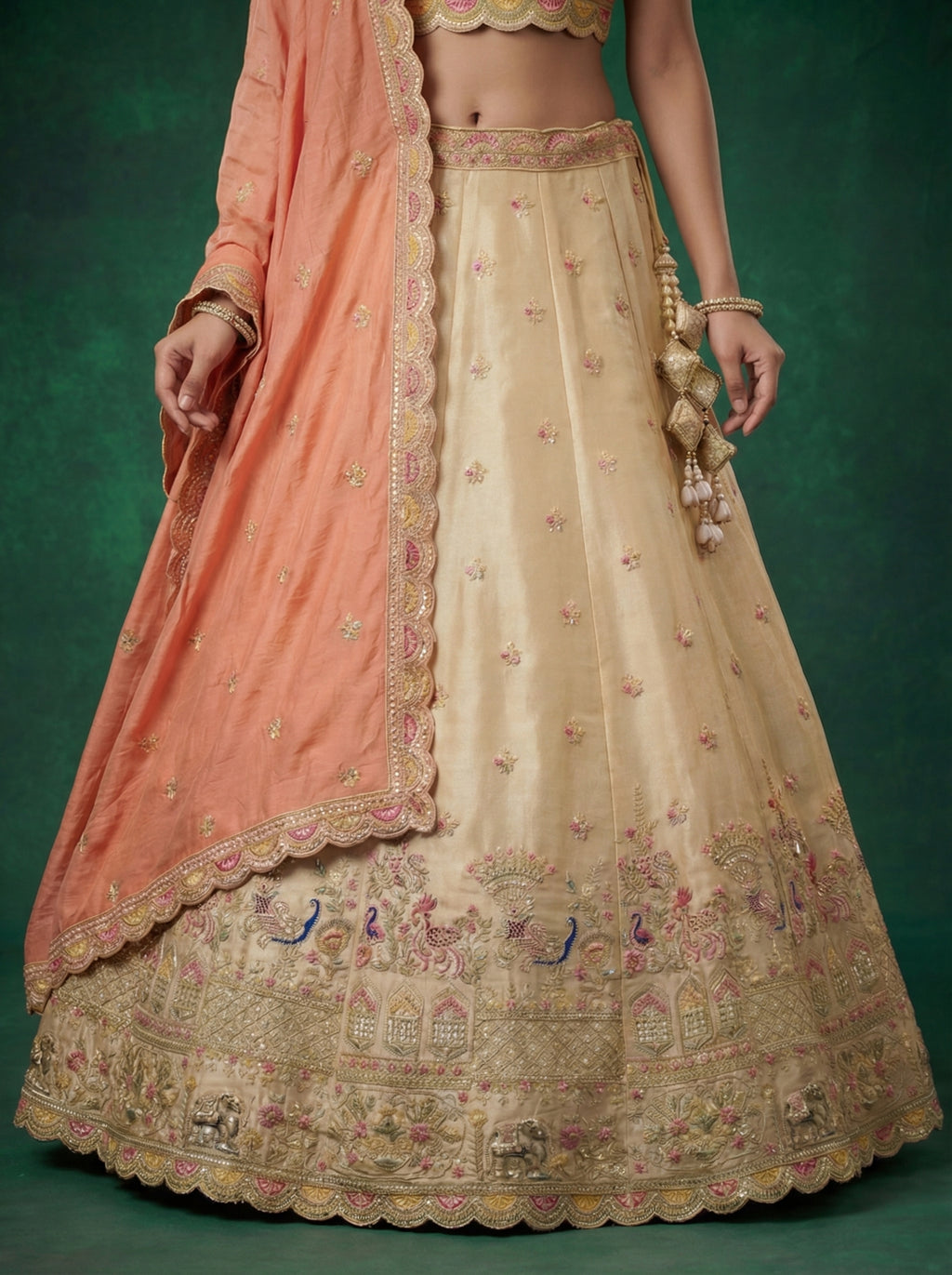 Beige Tissue Lahenga with Zarkan Embroidery