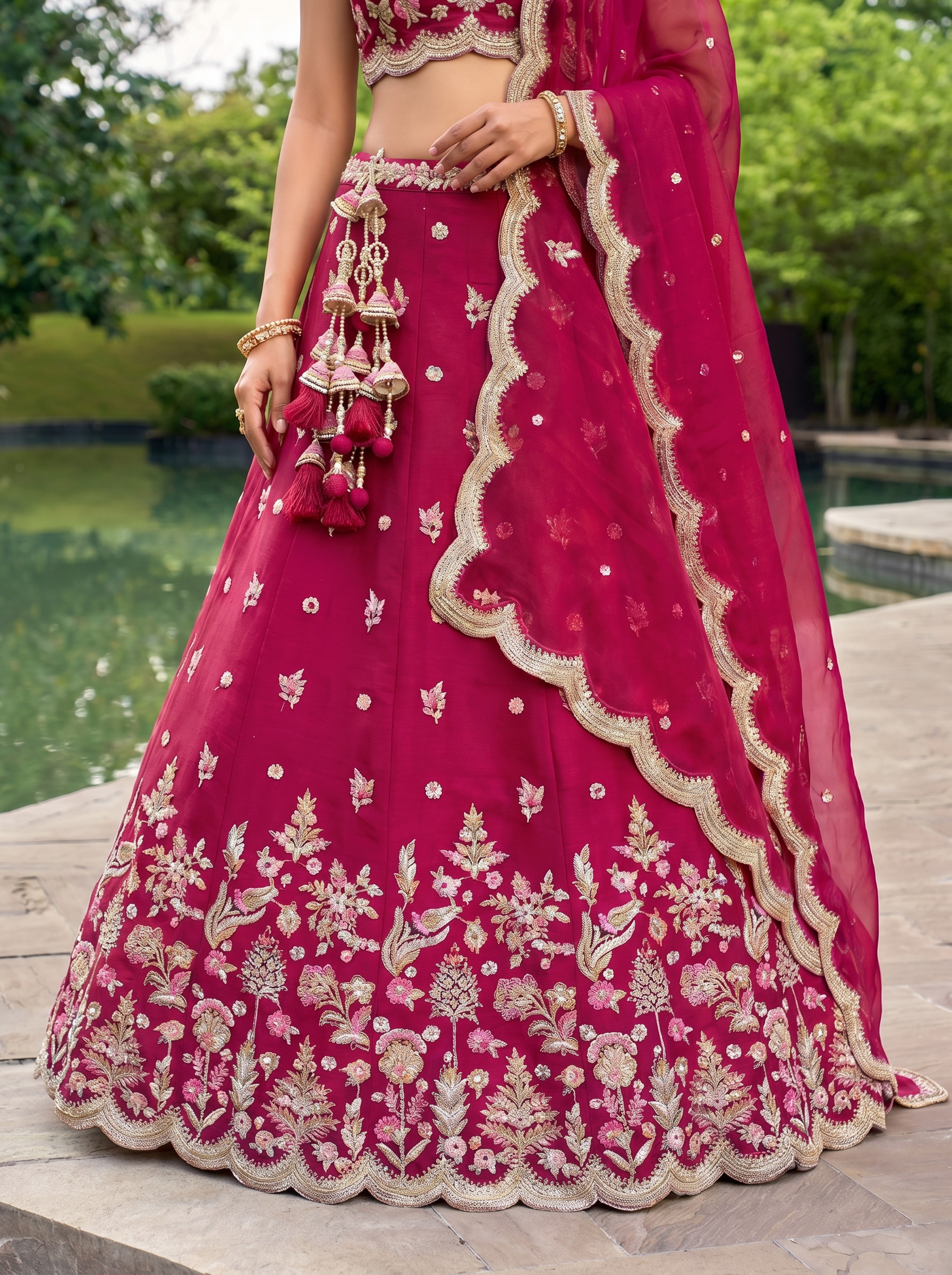Rose Tissue Lahenga with Mirror Sequince Embroidery