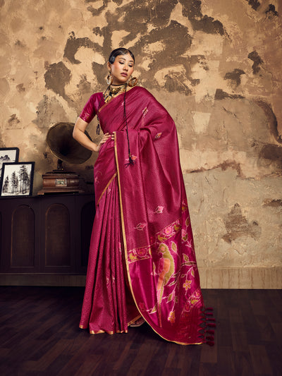 Dark Pink Tussar Handloom Silk Saree