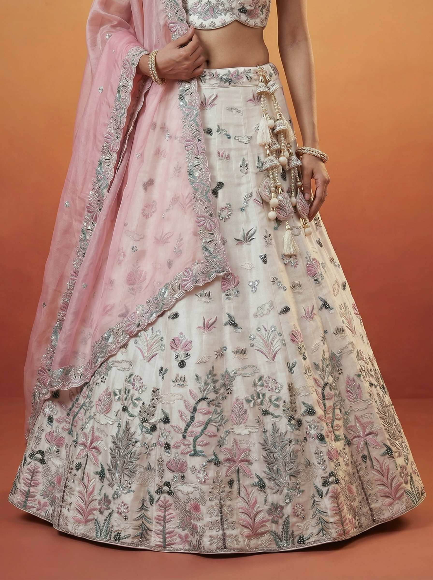 White & Pink Organza Lahenga with Swarovski Stones & Embroidery