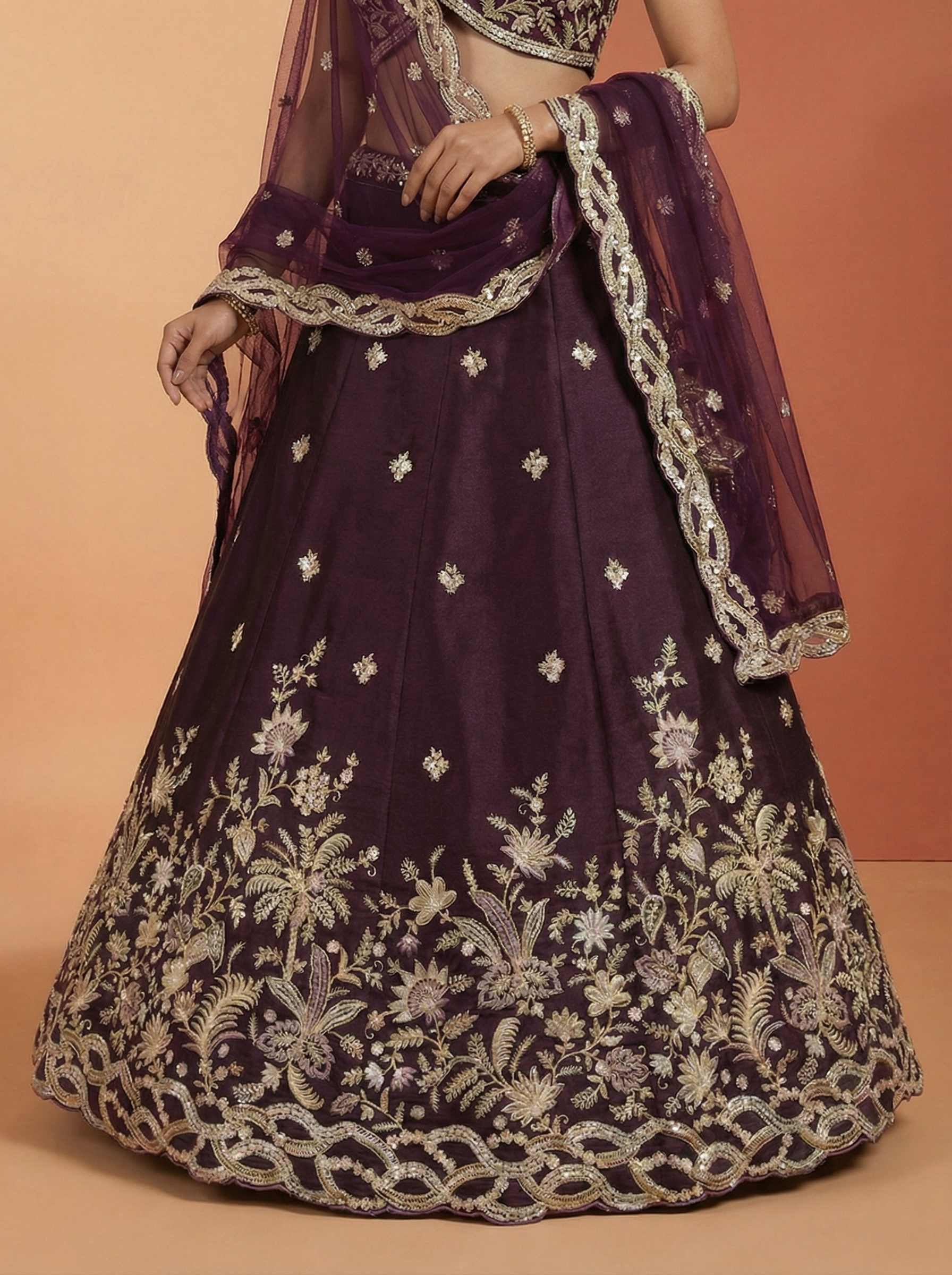 Wine Tissue silk Lahenga with Sequince Embroidery