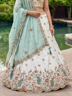 Cream & Blue Organza Lahenga with Zarkan & Sequince Embroidery