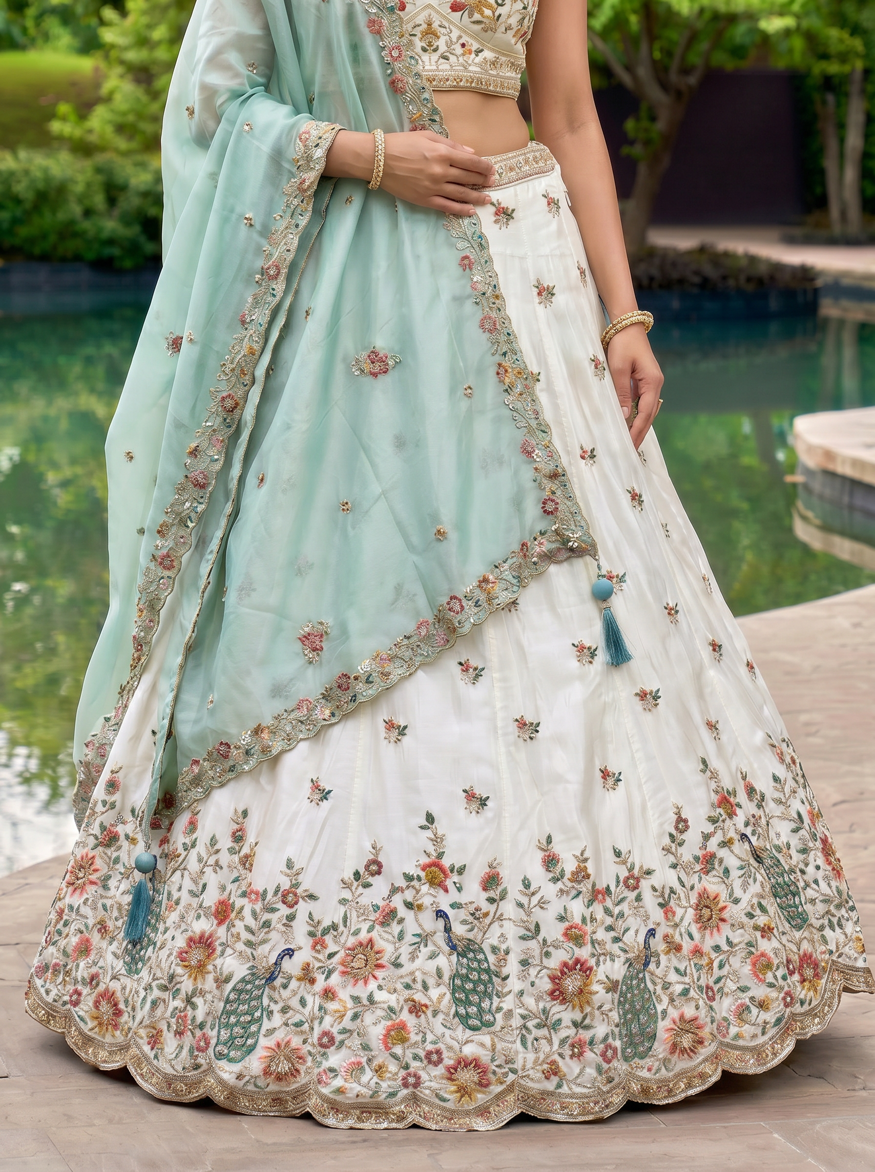 Cream & Blue Organza Lahenga with Zarkan & Sequince Embroidery