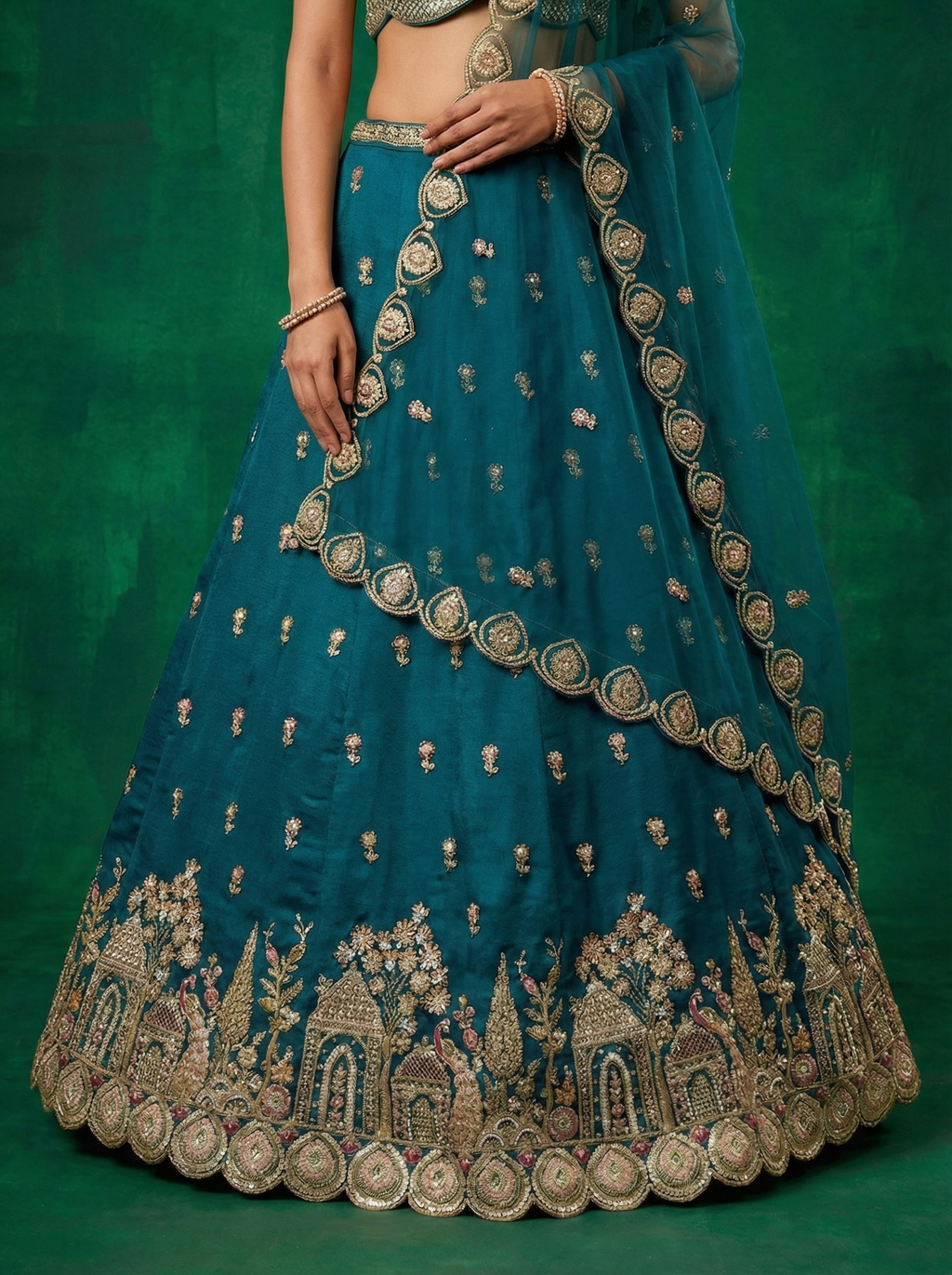 Teal Blue Chinnon Lahenga With Moti Sequence Embroidery