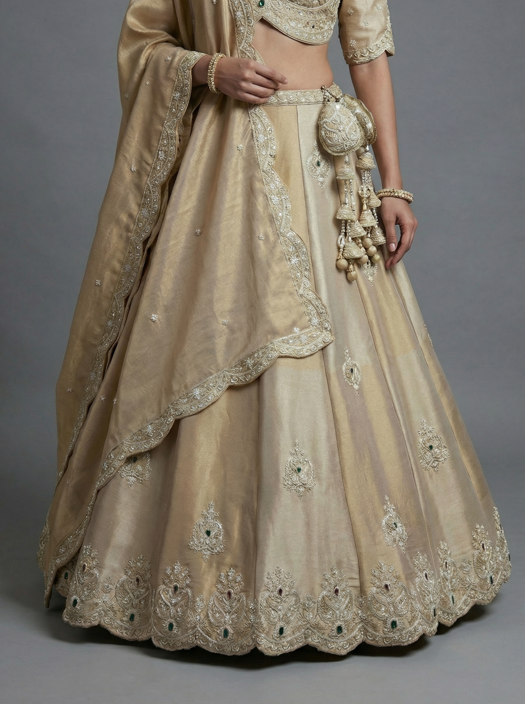 Golden Tissue Lahenga with Beads Embroidery