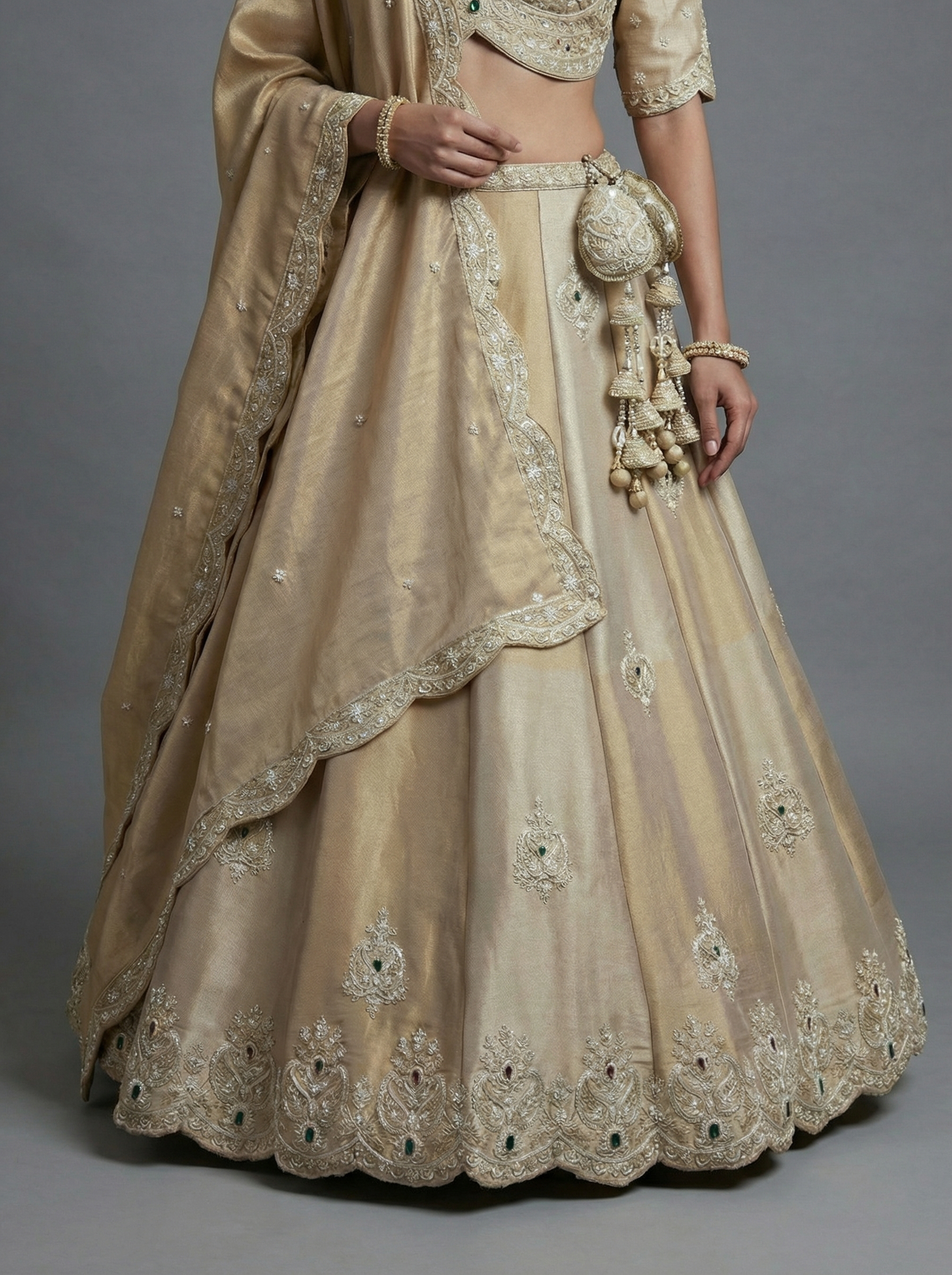 Golden Tissue Lahenga with Beads Embroidery