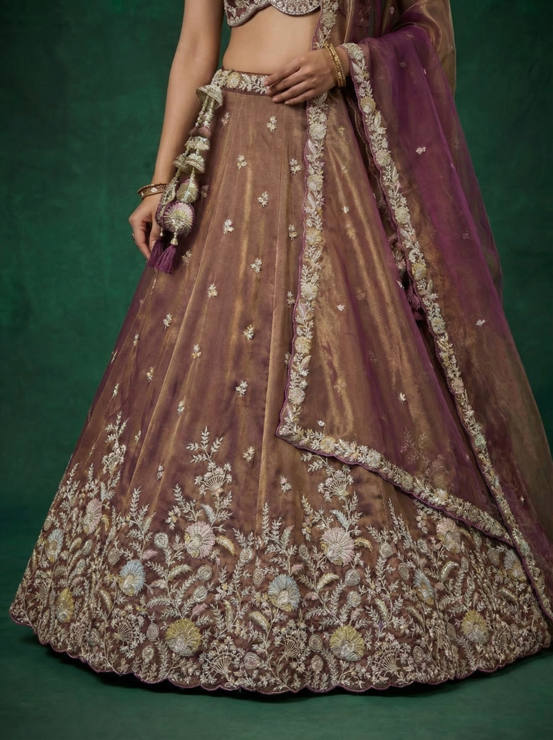 Rust Brown Tissue Lahenga with Moti Embroidery