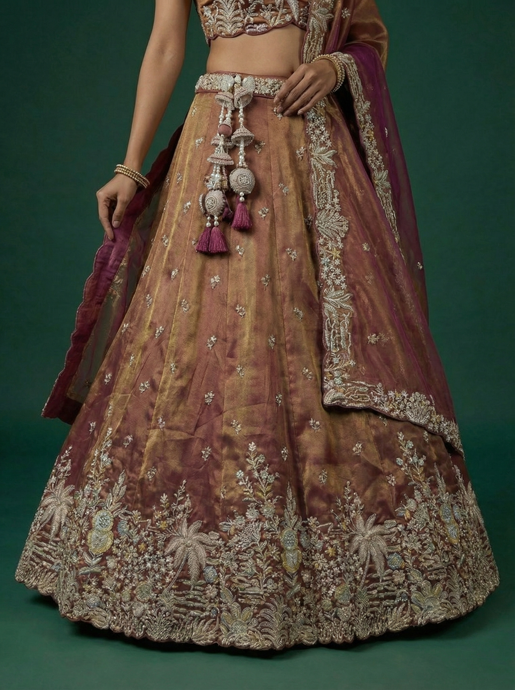 Rust Brown Tissue Lahenga With Moti Embroidery