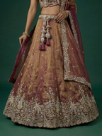 Rust Brown Tissue Lahenga With Moti Embroidery