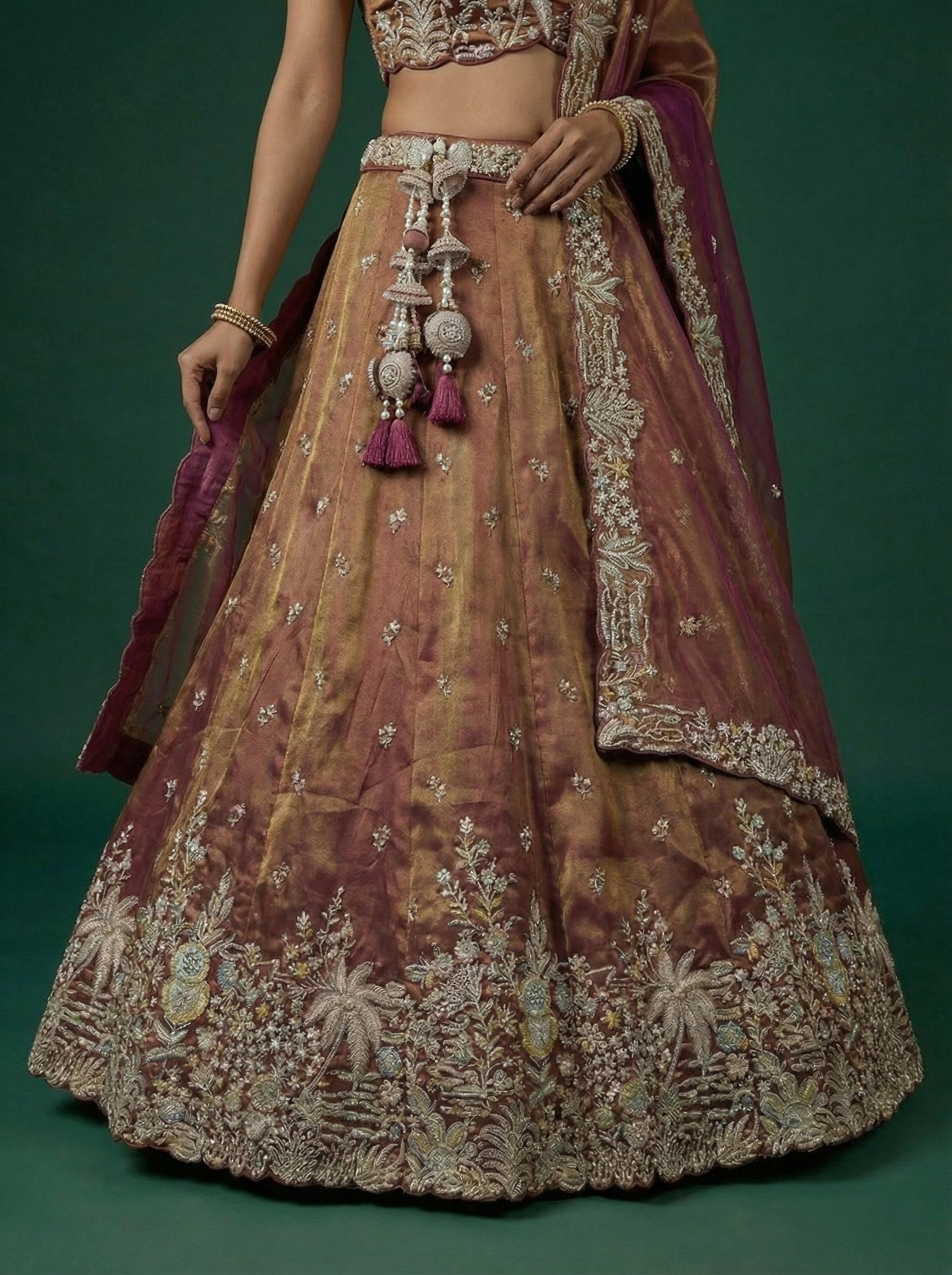 Rust Brown Tissue Lahenga With Moti Embroidery