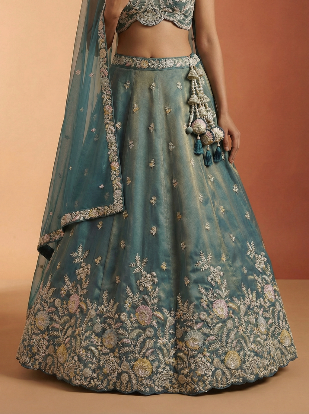Shade of Teal Tissue Lahenga with Moti Embroidery