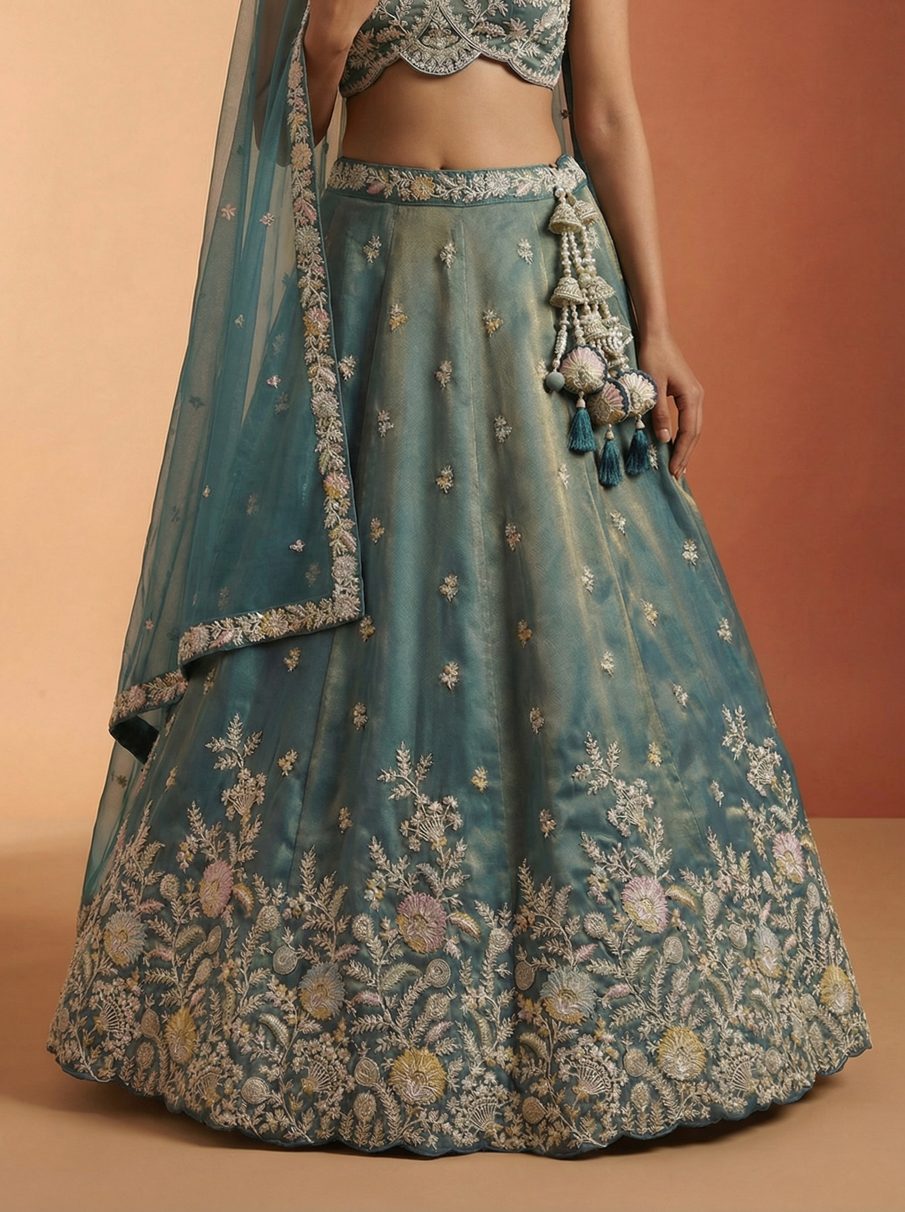 Shade of Teal Tissue Lahenga with Moti Embroidery
