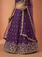 Magenta Chinnon Silk Lahenga With Motif Sequince Embroidery