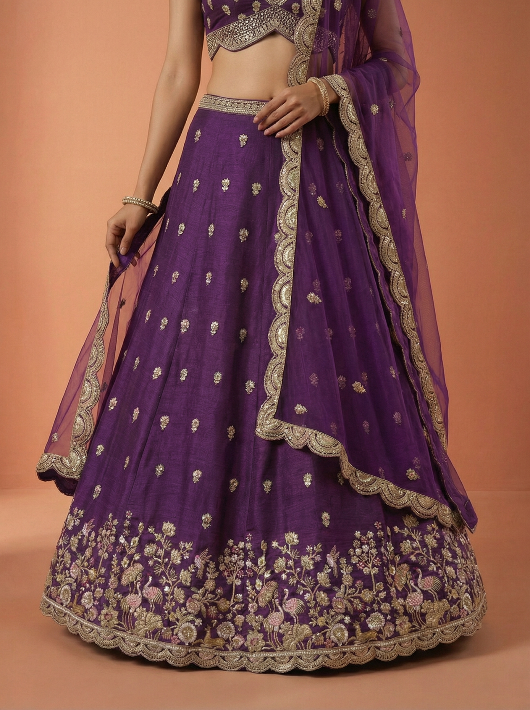 Magenta Chinnon Silk Lahenga With Motif Sequince Embroidery