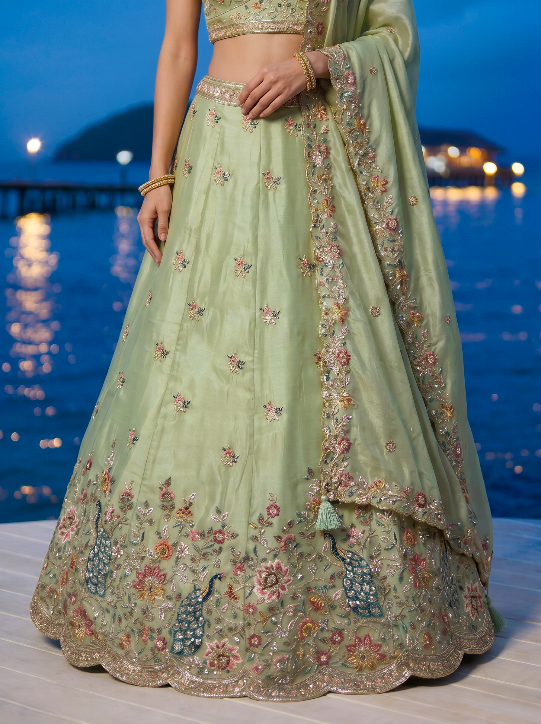 Pista Green Organza Lahenga with Zarkan & Sequince Embroidery