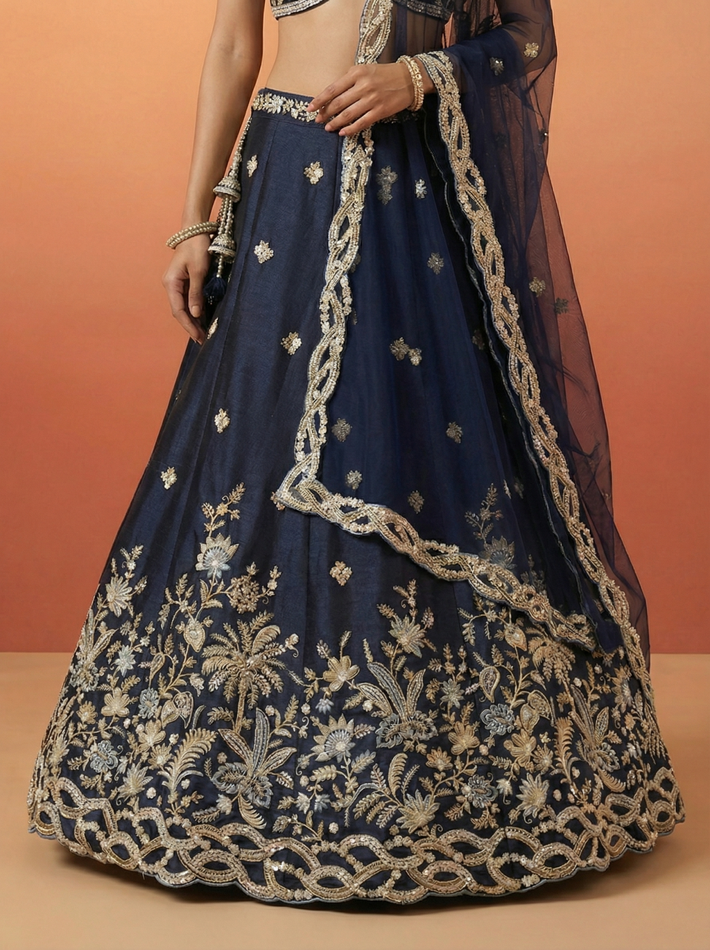 Dark Blue Tissue Lahenga with Beads Embriodery