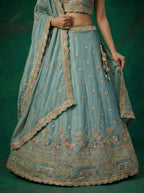 Turquoise Tissue Lahenga with Zarkan Embroidery