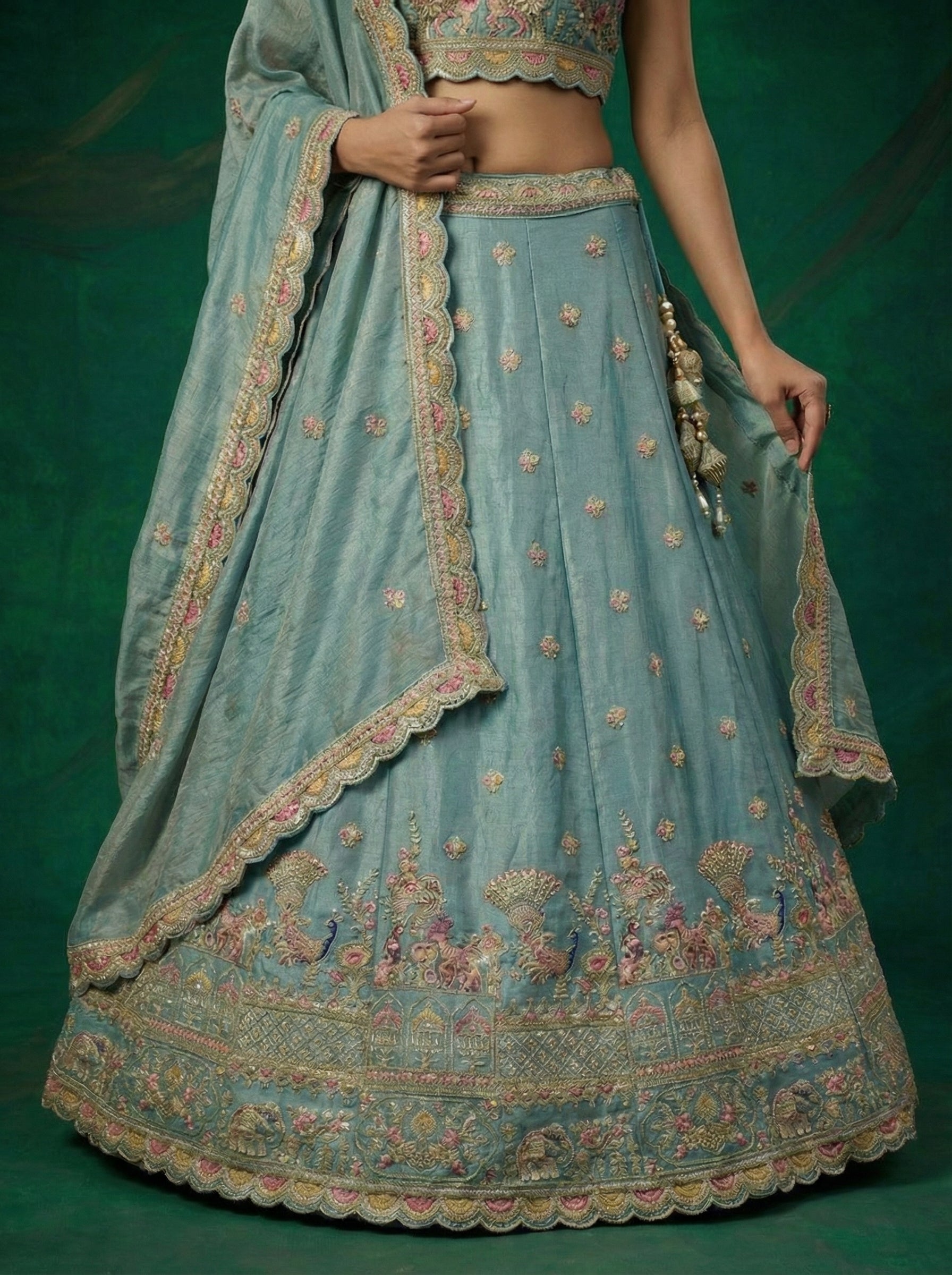 Turquoise Tissue Lahenga with Zarkan Embroidery