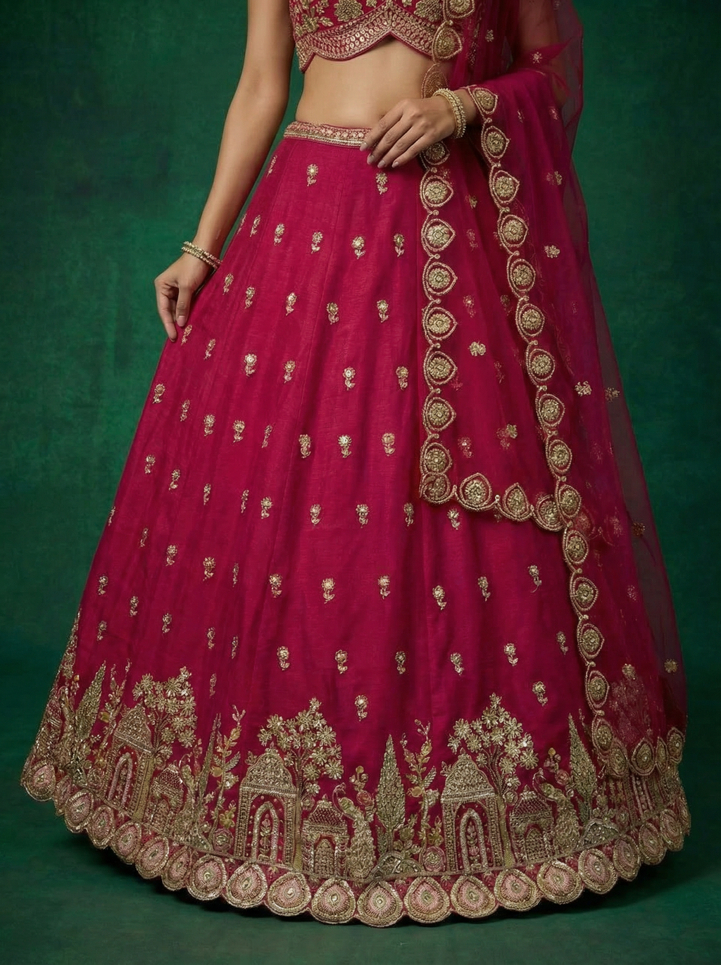Pink Chinnon Silk Lahenga with Moti Sequince Embroidery