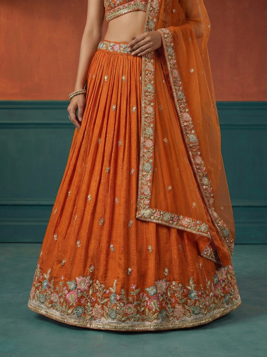 Orange Georgette Lahenga with Sequince Embroidery