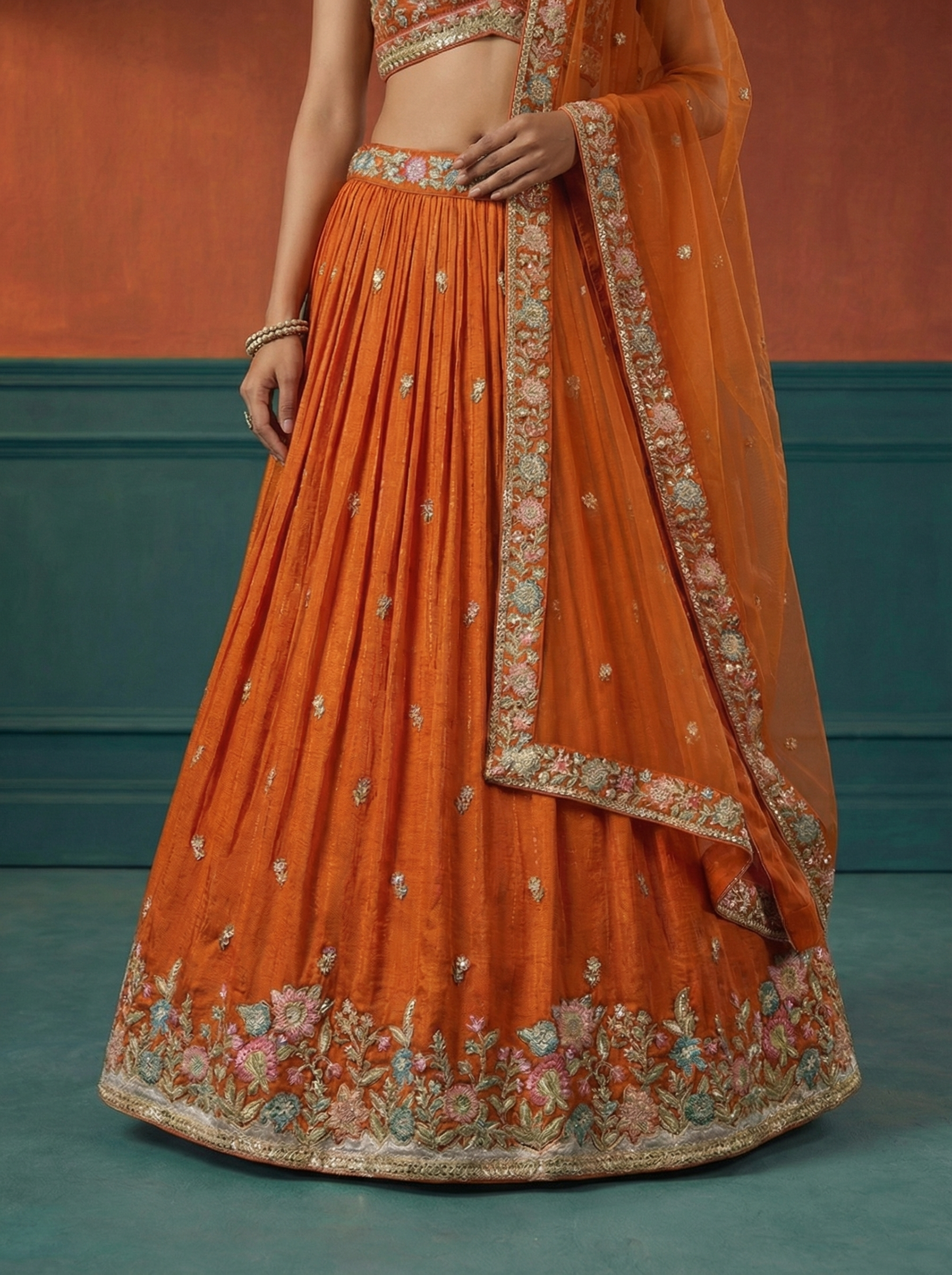 Orange Georgette Lahenga with Sequince Embroidery