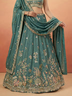 Rama Tissue Lahenga with Colourful Peacock Embroidery
