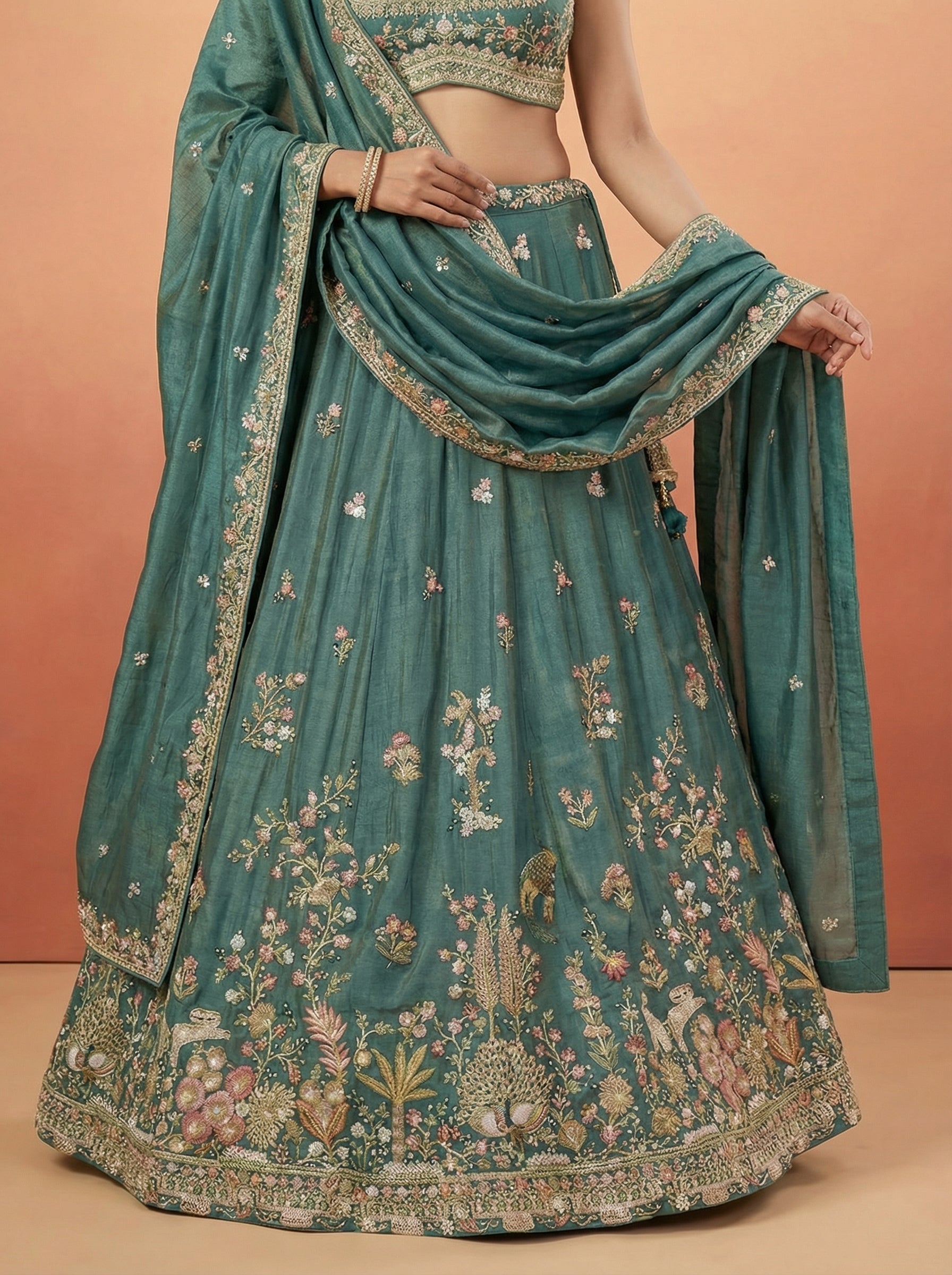 Rama Tissue Lahenga with Colourful Peacock Embroidery