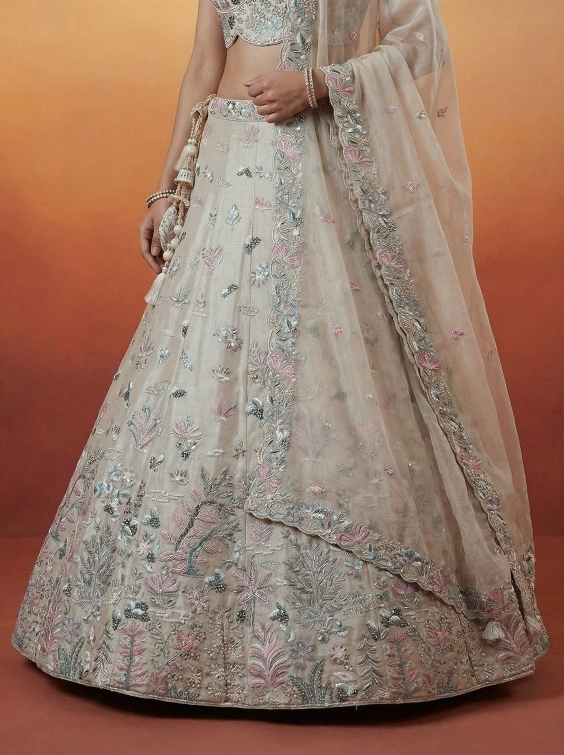 Silver Organza Lahenga with Swarovski Stones & Embroidery