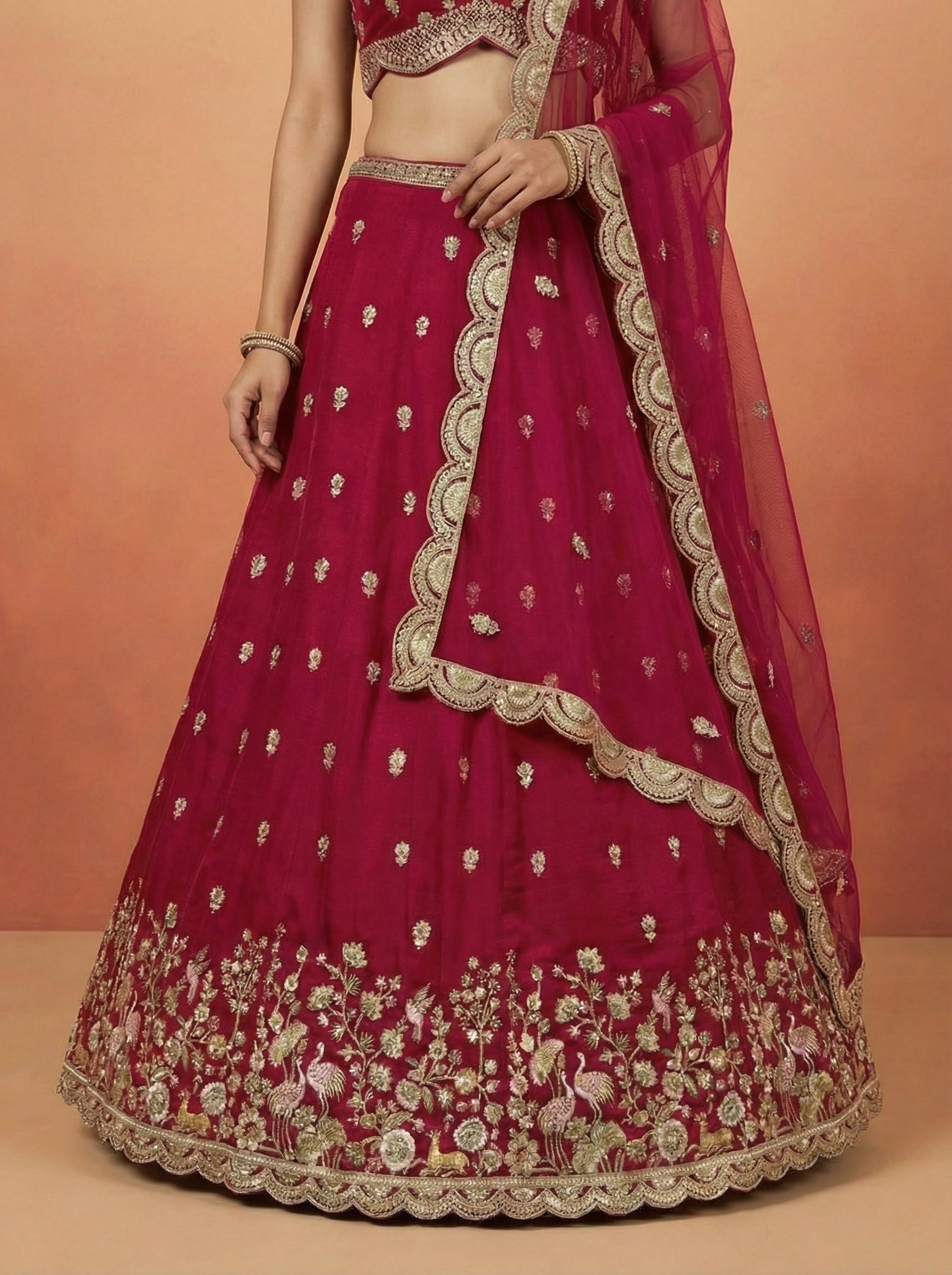 Pink Chinnon Silk Lahenga With Motif Sequince Embroidery