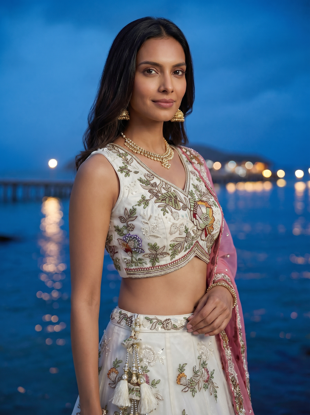 Off-White Tissue Lahenga with Woolen Embroidery