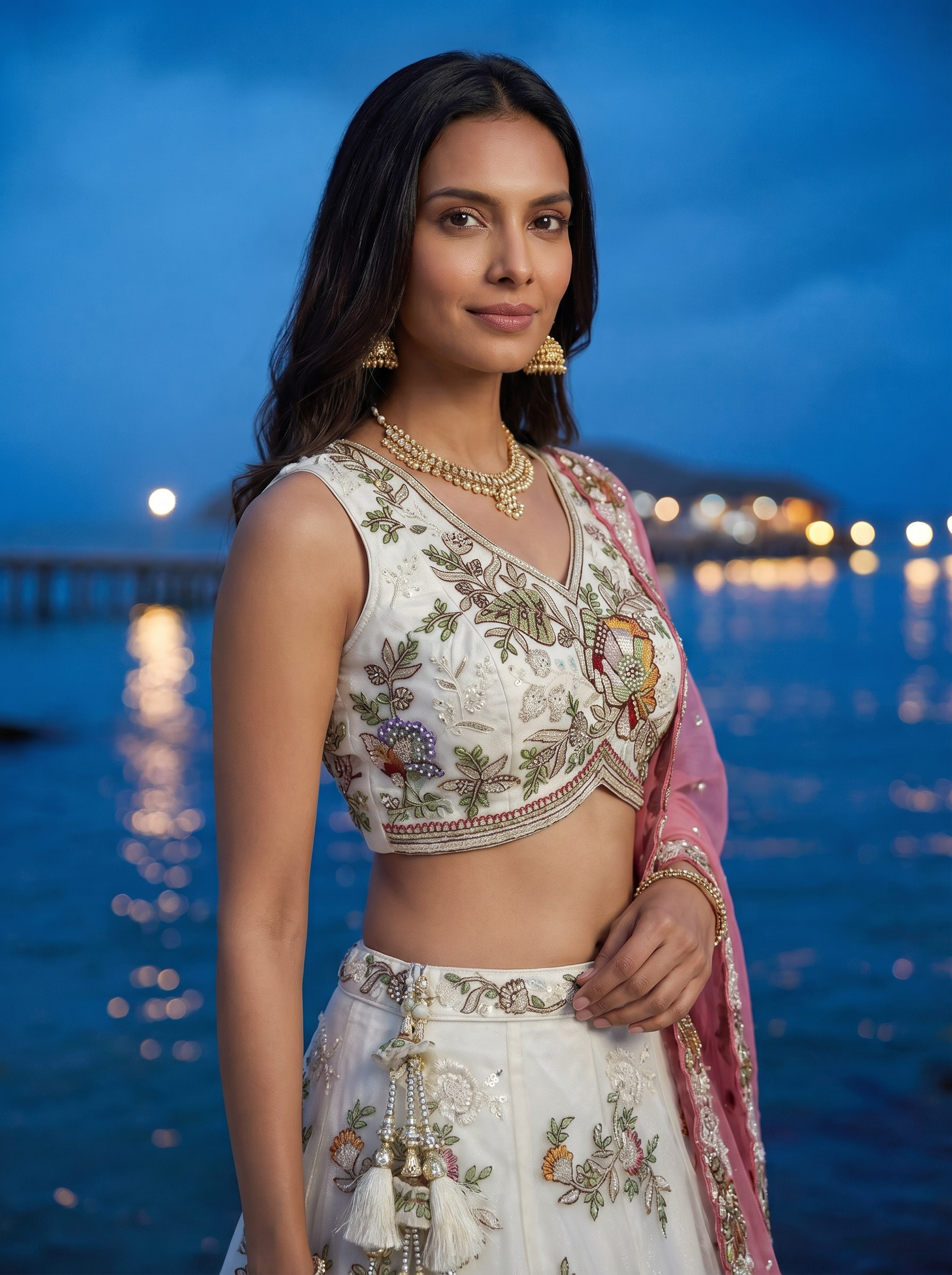 Off-White Tissue Lahenga with Woolen Embroidery