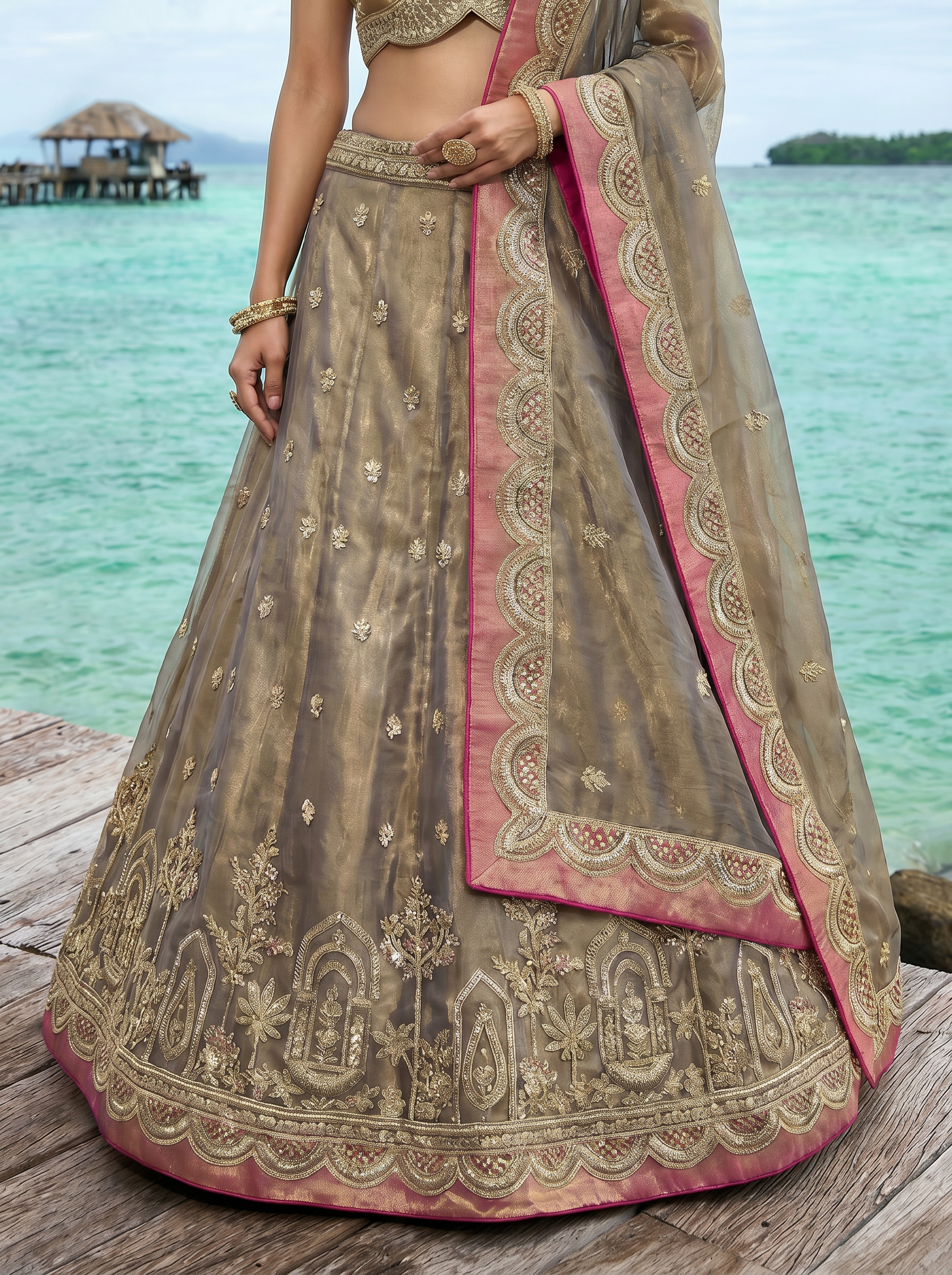 Shade of Teal Tissue Lahenga with Sequince Embroidery