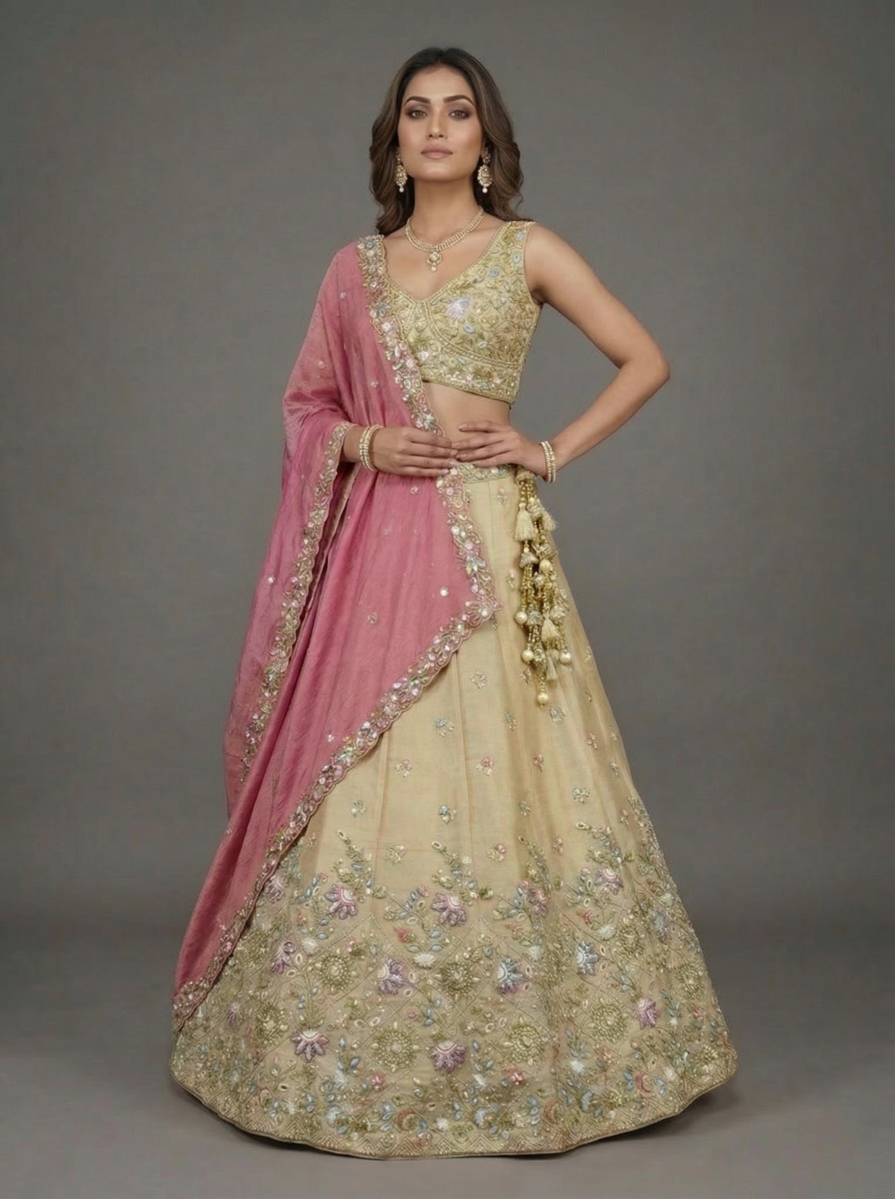 Beige Tissue Lahenga with Sequince Embroidery