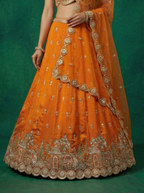 Orange Chinnon Silk Lahenga with Moti Sequince Embroidery