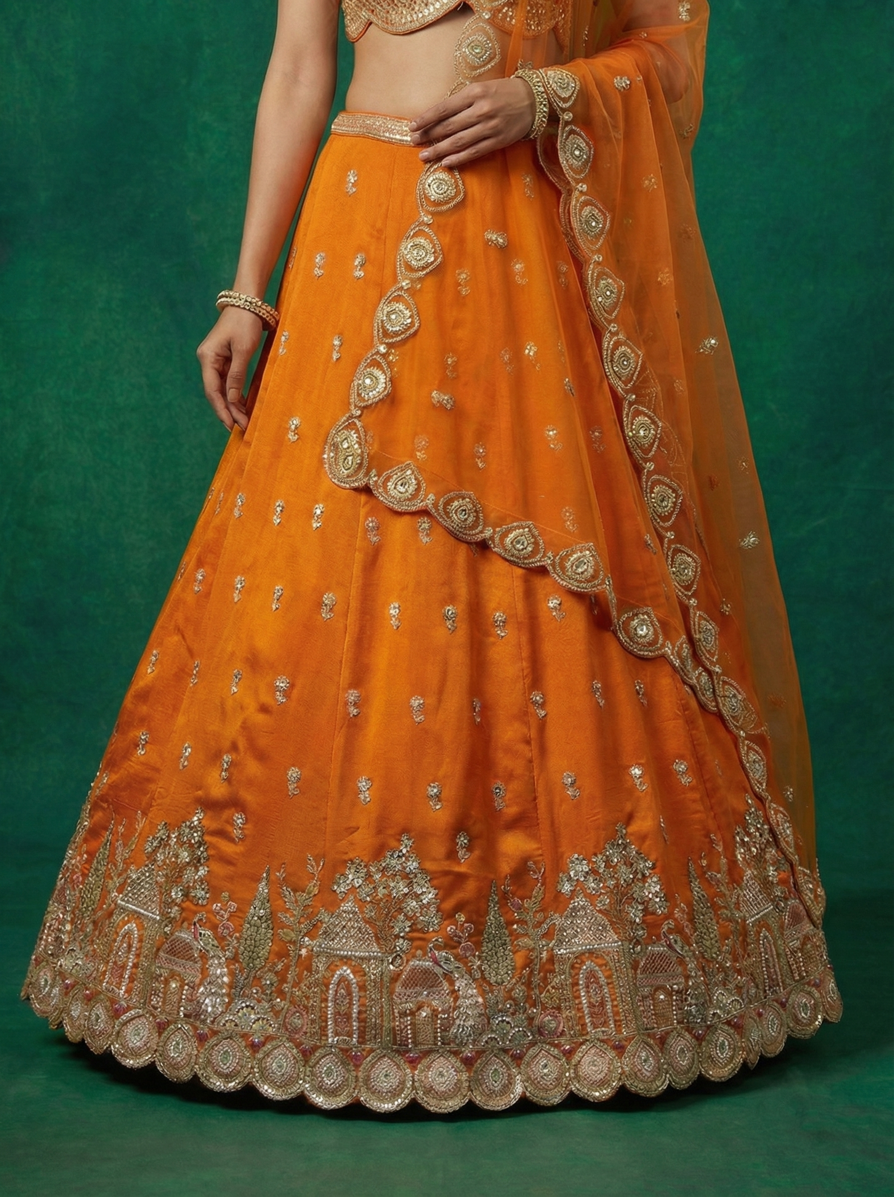 Orange Chinnon Silk Lahenga with Moti Sequince Embroidery