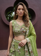 Pista Green Tissue Lahenga with Woolen Embroidery