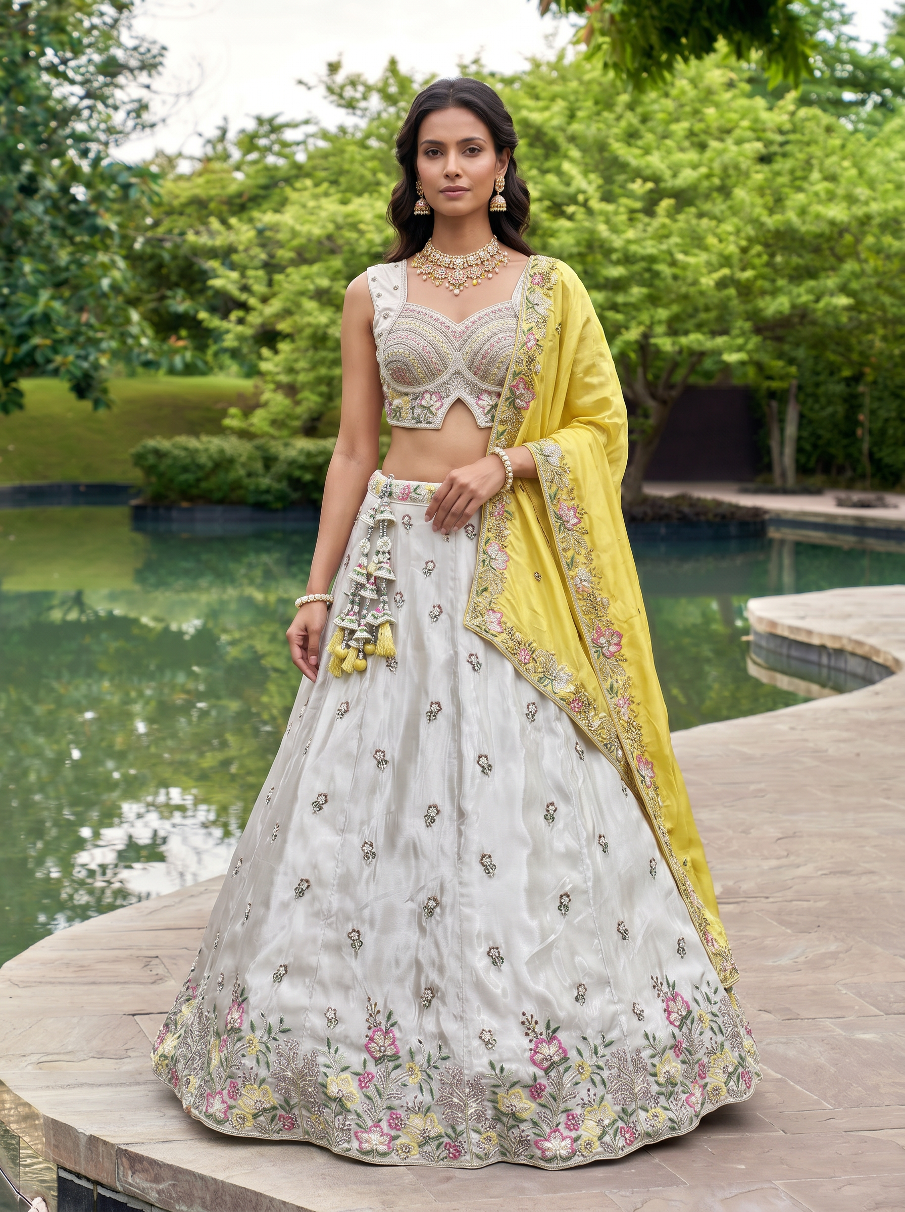 Grey & Mustard Chiffon Lahenga with Sequince Embroidery