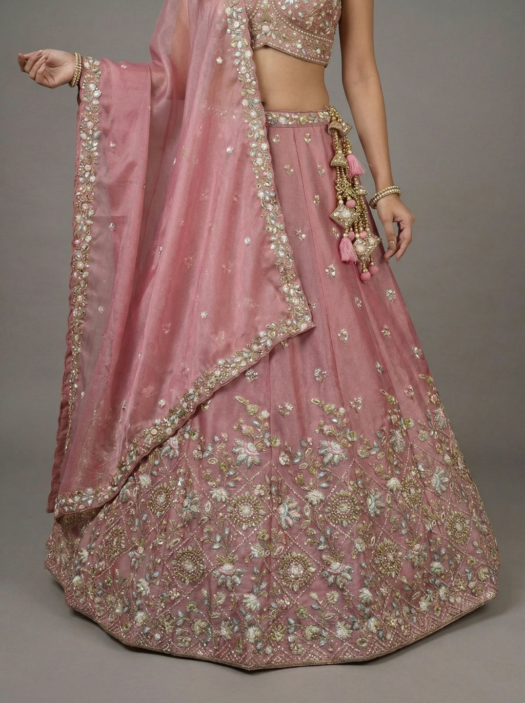Pink Tissue Lahenga with Sequince Embroidery