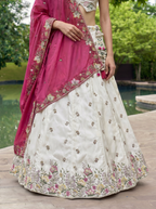 White & Rani Chiffon Lahenga with Sequince Embroidery