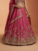 Pink Tissue Lahenga with colourful Peacock Embroidery