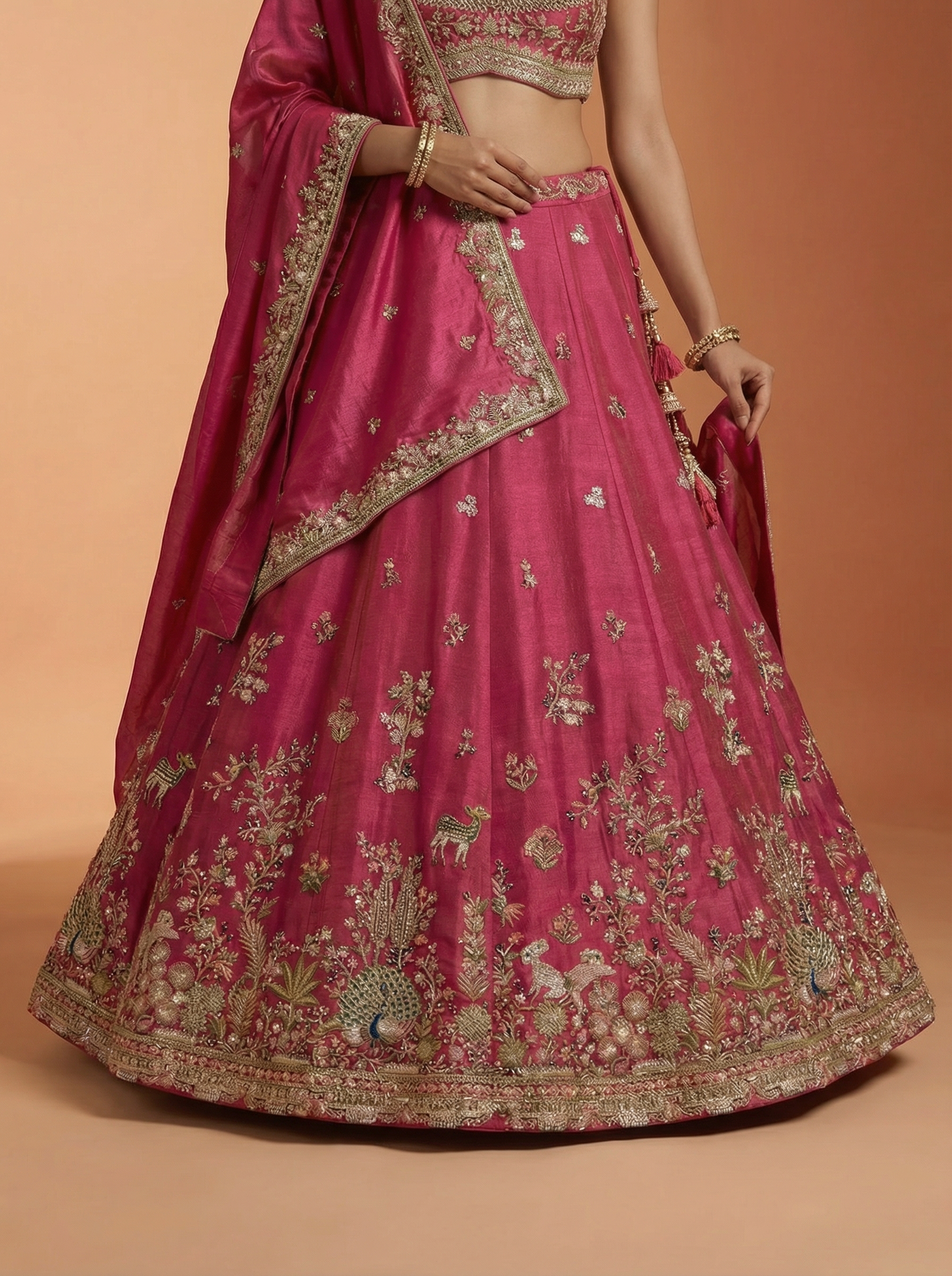 Pink Tissue Lahenga with colourful Peacock Embroidery