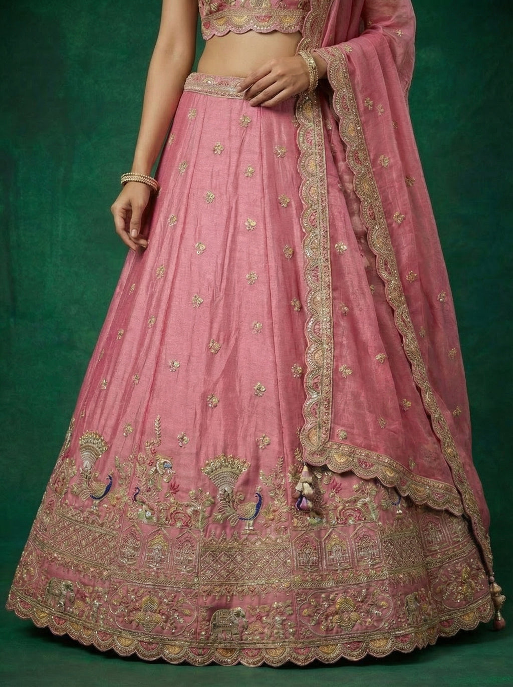 Pink Tissur Lahenga with Zarkan Embroidery