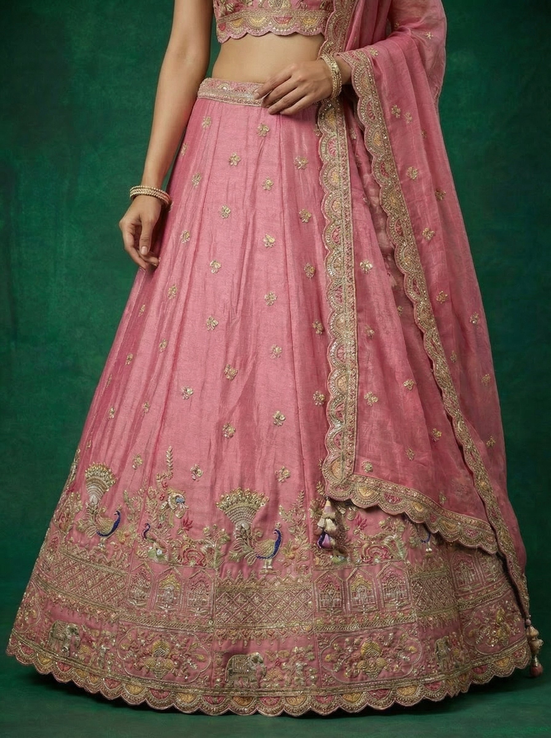 Pink Tissur Lahenga with Zarkan Embroidery